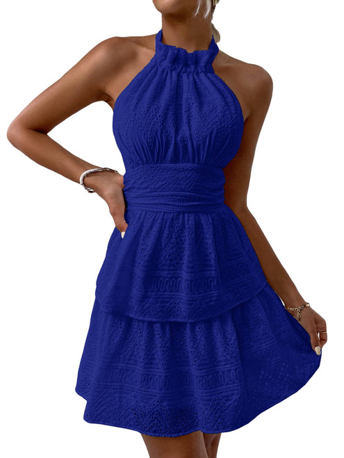 WDIRARA Women's Halter Neck Backless Layered Ruffle Hem Boho A Line Dress Royal Blue M