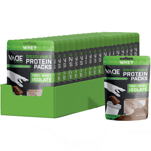 VADE Nutrition Dissolvable Protein Packs - 100% Whey Isolate Protein Powder Chocolate Milkshake - Low Carb, Low Calorie, Lactose Free, Sugar Free, Fat Free - 20 Single Serving Travel Packets to Go