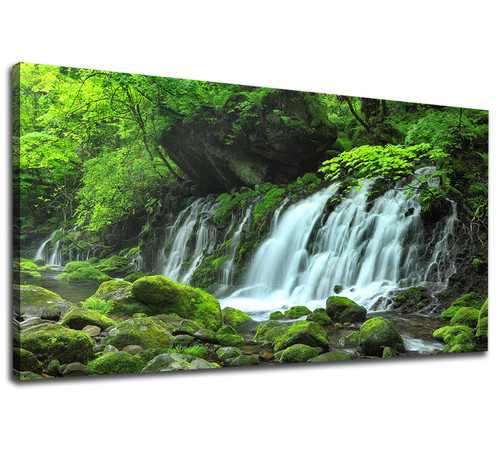 Waterfall Wall Art for Living Room Green Forest Canvas Pictures Tateshina Otaki Falls Modern Nature Landscape Canvas Artwork Pictures for Bedroom Office Home Decor Framed Ready to Hang 20"x 40"