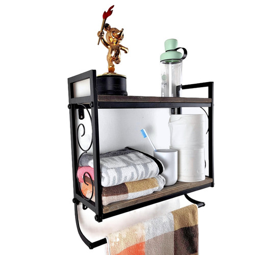 GXIONGMY Bathroom Shelf with Towel Rack, 2-Tier Metal Industrial 16.9" Wall Shelf with Towel Bar, Rustic Towel Rack Above Toilet, Natural Real Wood Shelves Wall Mounted, Black Brush Silver