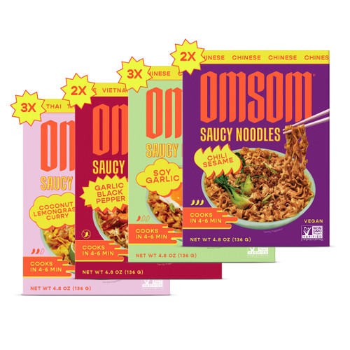 Saucy Noodle Variety Sampler by Omsom, All-In-One Asian Noodles & Simmer Sauce Packets for Meals in Minutes, Non-GMO, No Preservatives, No High Fructose Corn Syrup, 10 Pack