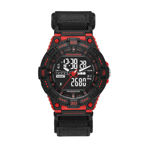 Skechers Men's Downey Analog-Digital Pedometer Watch, Color: Black/Red (Model: SR1128)