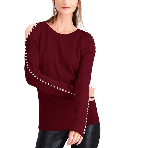 INC Womens Cold-Shoulder Studded Pullover Sweater Red M