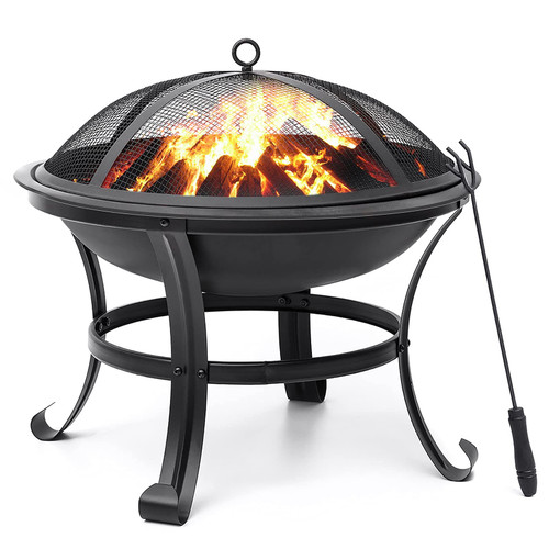 Fire Pit, 22in Fire Pit Outdoor Wood Burning Firepit BBQ Grill Steel Fire Bowl with Spark Screen Cover, Log Grate, Poker for Camping Beach Bonfire Picnic Backyard Garden