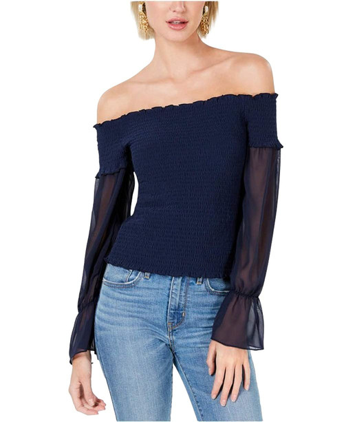 bar III Off-The-Shoulder Mixed Media Mesh-Sleeve Top, Navy Blaze XS