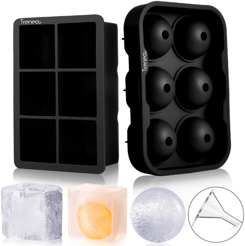 Raxinbang ice Cube Tray Ice Cube Trays Silicone (Set of 2) for Whiskey and Cocktails Large Size Sphere Ice Ball Maker with Lids & Square Ice Cube Molds (Black)