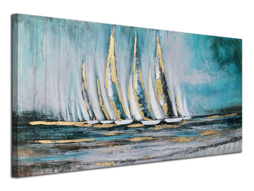 Anolyfi Abstract Ocean Sailboat Canvas Wall Art Nautical Painting Coastal Seascape Teal Blue Picture Textured Artwork Framed for Living Room Bedroom Bathroom Office Home Large Decor 40"x20"