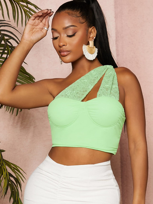 Womens Tops Contrast Lace One Shoulder Crop Top (Color : Lime Green, Size : Small)