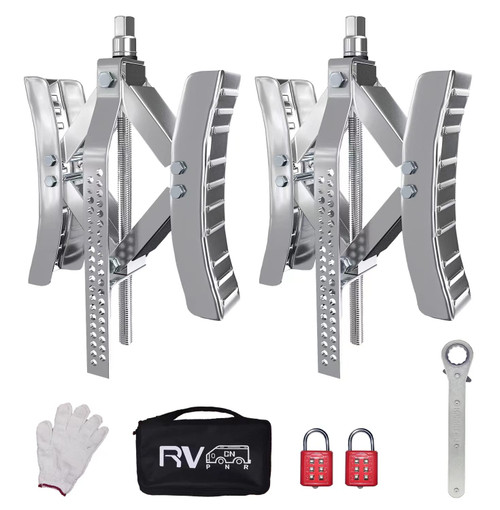 RVPNR217S RV Wheel Chock Stabilizer,Camper x chocks Travel Trailer, Wheel Chocks for Travel Trailers, Tire chocks rv Trailer (2 Packs) with Ratchet and Password Locks(Silvery)