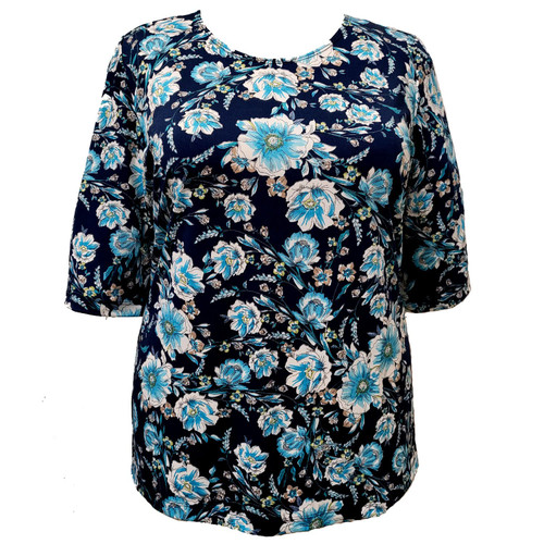 A Personal Touch Women's Plus Size 3/4 Sleeve Round Neck Pullover Top - Aqua Navy Floral - 3X