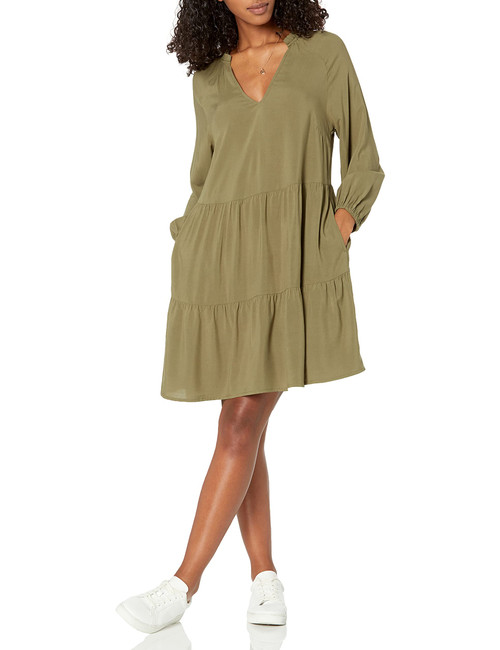 The Drop Women's @caralynmirand Ruffle Neck Tiered Mini Dress, Olive, XL