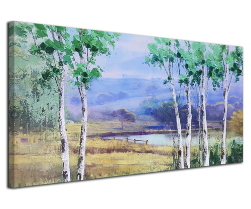 Anolyfi Wall Art Forest Landscape Tree Canvas Textured Painting Mountain Panoramic Picture, Modern Lake Green Scenery Print Artwork Framed for Living Room Bedroom Bathroom Office Home Decor 40"x20"