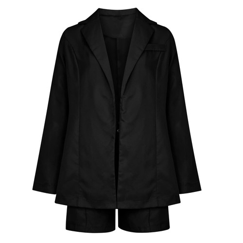 QIGUANDZ 2 Piece Outfits for Women Long Sleeve Solid Open Front Blazer Shorts with Belt Casual Elegant Business Suit Sets Black