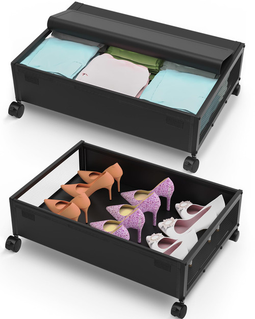 MixcMax Under Bed Storage with Wheels - Rolling Underbed Storage Containers with Lid, Metal Under Bed Shoe Storage Organizer Drawer, Underbed Storage Bins for Clothes Toys Books (2 Pack, Black)