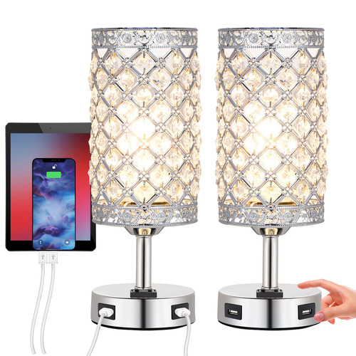 Crystal Table Light, Silver Bedside Nightstand Lamp, Shineslay Dual USB Ports Desk Lamp with Socket for Living Room Bedroom Decorative Dining Room Kitchen Table Lamps