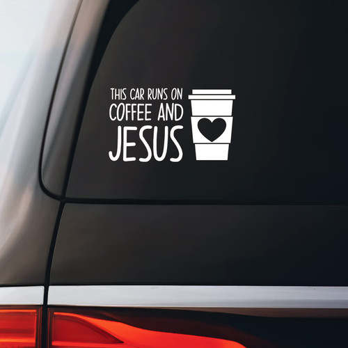 This Car Runs On Coffee and Jesus Sticker Decal Notebook Car Laptop 5.5"x3.25" (White)
