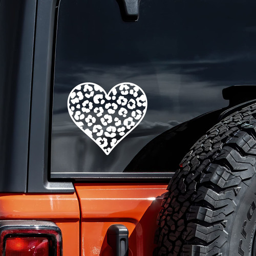 Leopard Print Heart Decal Vinyl Sticker Auto Car Truck Wall Laptop | White | 5.5" x 5.5"