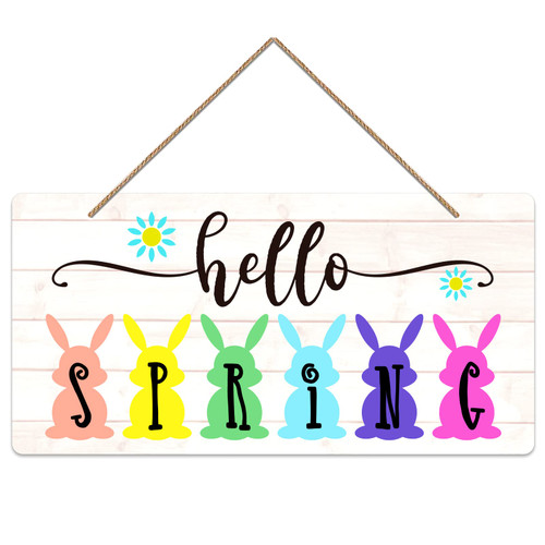 FaCraft Hello Spring Door Sign Farmhouse Easter Bunny Spring Hanging Signs Welcome Spring Sign for Home Front Door Porch Wreath Wall Decorations
