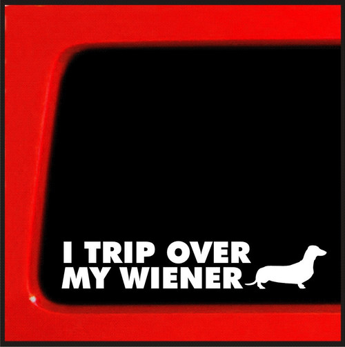 Sticker Connection | I Trip Over My Wiener Bumper Sticker Decal for Car, Truck, Window, Laptop | 1.3"x7" (White)