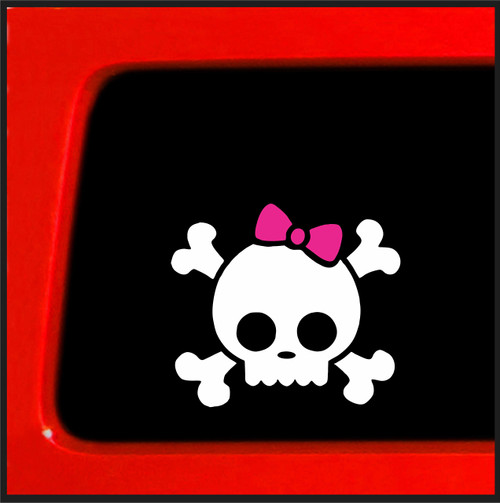 Sticker Connectoin | White Skull Bones Pink Bow | Bumper Sticker Decal for Car, Truck, Window, Laptop | 3.7"x4.4" (White)