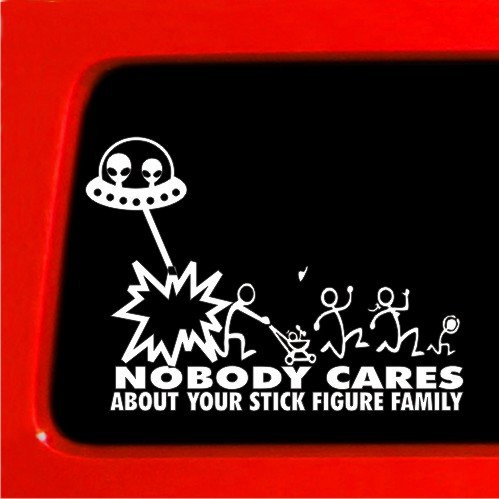 Sticker Connection | Stick Figure Family Alien UFO Attack Bumper Sticker Decal for Car, Truck, Window, Laptop | 7"x6.5" (White)