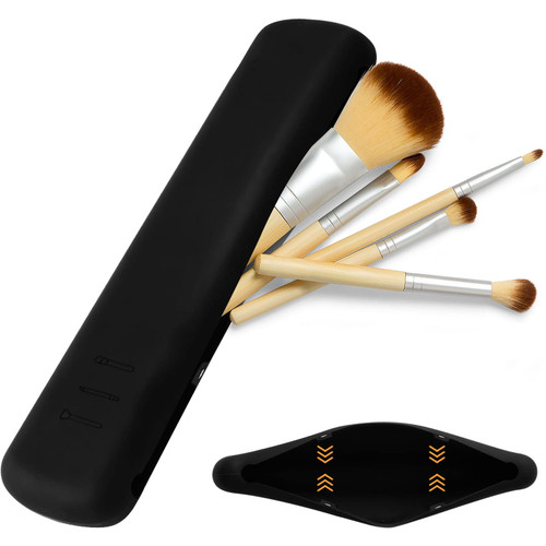 Makeup Brush Holder Travel, Magnetic Makeup Brush Case, Silicon Trendy and Portable Cosmetic Brushes Holder, Sleek and WaterProof Makeup brush Organizer for Women- Black