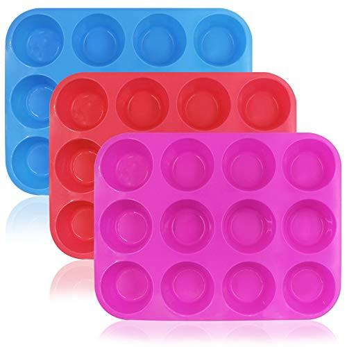 12-Cup Silicone Muffin&Cupcake Baking Pan,DanziX 3 Pack Silicone Molds for Muffin Tins,Cakes,Non-stick Mould(Rosy,Red,Blue)