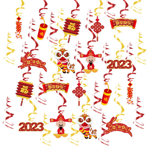 30 PCS Chinese New Year Decorations Hanging Swirls, 2023 Year of The Rabbit Ceiling Hanging Spring Festival Party Supplies,Lunar Happy New Year Party Swirl Decor