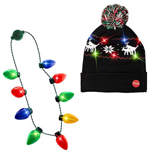 LED Light-up Knitted Ugly Sweater Reindeer on Reindeer Holiday Xmas Christmas Beanie + Light up Christmas Bulb Necklace