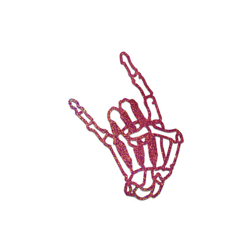 Rock On Skeleton Hand Sticker Vinyl Decal Notebook Car Laptop 4.25" x 5.5" (Pink Holographic Glitter)