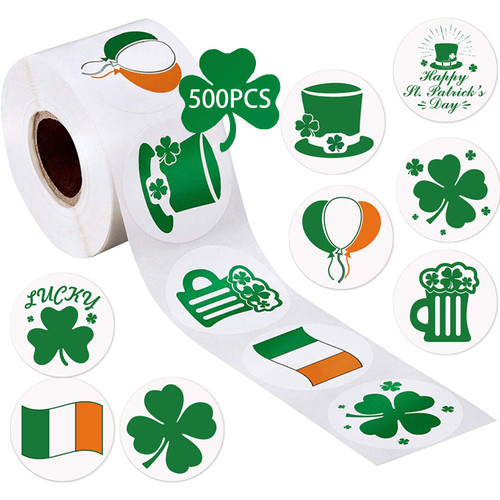 Partywind 500 PCS St Patrick's Day Roll Stickers, Self-Adhesive Shamrock Stickers for St Patrick's Day Accessories Decorations, Saint Patricks Day Irish Party Supplies Favors Decor (8 Styles)