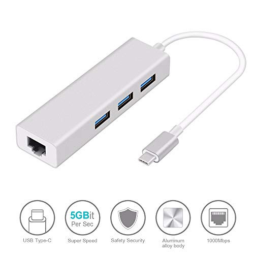 Type C 3.0 to RJ45 10/100/1000Mbps Gigabit Ethernet Network LAN Adapter with 3-Port USB 3.0 Data Hub, for MacBook, Mac Pro, iMac, Surface Pro, Desktop, USB Flash Drives, Mobile HDD