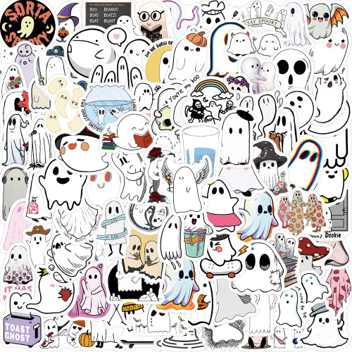 Cute Ghost Stickers, Funny?Ghost Stickers for Kids Teens Adults, 100pcs Waterproof Vinyl Small Stickers for Water Bottle, Laptop, Scrapbook, Guitar, Bike, Skateboard, Luggage, Phone, Horror Party Supp (Cute Ghost)
