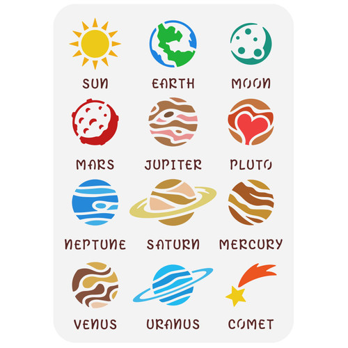 FINGERINSPIRE Solar System Planets Painting Stencil 8.3x11.7inch Reusable Outer Space Planets Pattern Drawing Template Sun Moon Earth Mars Plastic Stencil DIY Craft for Painting on Wall Wood Furniture