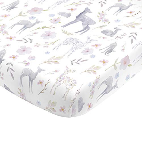 NoJo Super Soft Floral Deer Nursery Mini Crib Fitted Sheet, Grey, Light Blue, Pink, White NoJo Super Soft Floral Deer Nursery Mini Crib Fitted Sheet, Grey, Light Blue, Pink, White
