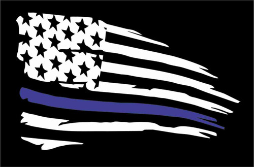 Barking Sand Designs Tattered Flag USA Police Thin Blue Line Support - Die Cut Vinyl Window Decal/Sticker for Car/Truck (4.5"x2.75", White/Blue)