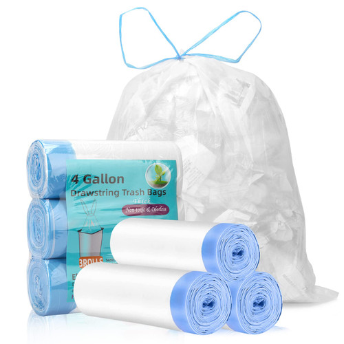 Small Trash Bags 4-Gallon Drawstring - 60 Counts/ 3 Rolls Small Garbage Bags 4 Gallon Trash Can Liners for Bathroom Kitchen and Office