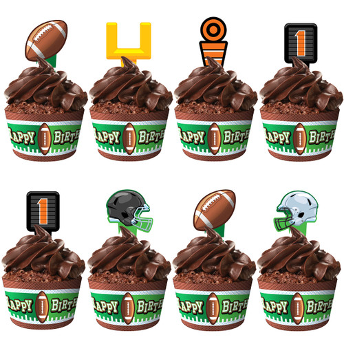 Treasures Gifted 24 Happy Birthday Football Cupcake Toppers & Wrappers - Football Party Decorations - Football Party Supplies - Football Birthday Party Decorations - Football Cake Decorations