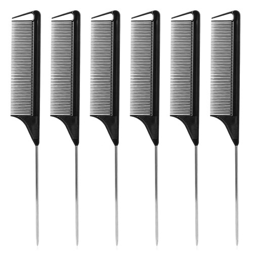 6PCS Rat Tail Combs Parting Comb, VanSerd Metal Tail Comb,Steel Pin Rat Tail Women Hair Combs, Combs for Hair Salon Stylist, Fine Tooth Comb, Stylist Braiding Hair Tools (Black)