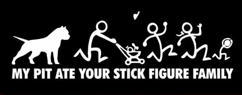 MAF- Pitbull Bumper My Pit Ate Your Stick Figure Family Sticker Decal for Car, Truck, Window, Laptop (White) 8"