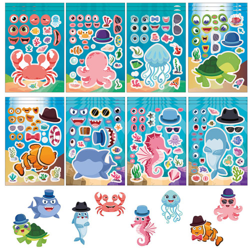 24 Sheets Sea Animals Make a Face Sticker Sheets for Kids Todders Activities, Make Your Own Stickers for Kids Birthday Party Favor Supplies Craft