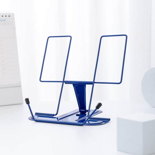 MSDADA Metal Book Stand for Desk, Adjustable Reading Rest Book Holder, Portable Cookbook Documents Holder, Sturdy Typing Stand for Recipes Textbooks Tablet Music Books with Page Clips (Blue)