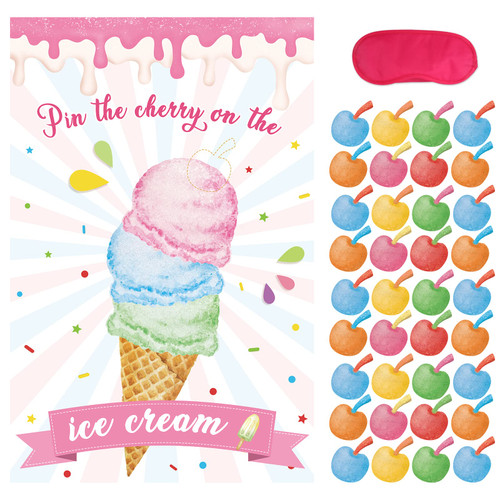 Hxezoc Pin The Cherry On The Ice Cream Game With 36 Pcs Cherry Stickers Large Ice Cream Party Games Poster for Kids Ice Cream Birthday Party Carnival Party Supplies