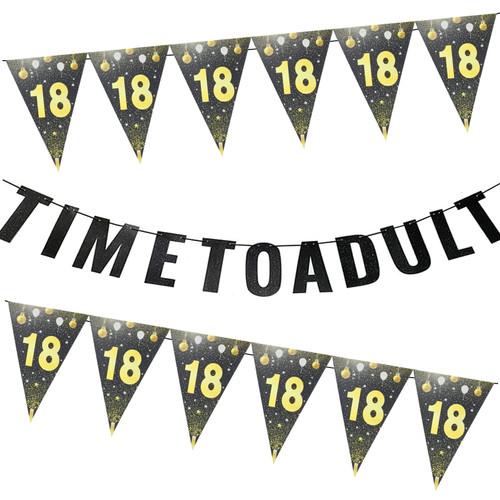 RYKOMO 18th Birthday Time to Adult Banner, 18th Birthday Decorations Banner Happy 18th Birthday Party Decorations, 18th Birthday Party Ceiling Decor Glitter 18 Years Party Supplies Sign for Girls Boys