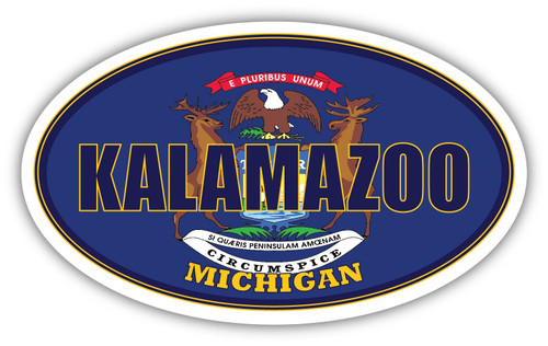 Kalamazoo City Michigan State Flag | MI Flag Kalamazoo County Oval State Colors Bumper Sticker Car Decal 3x5 inches