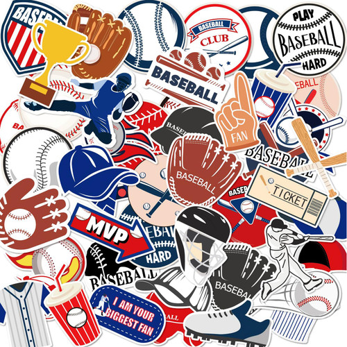 50pcs Baseball Stickers Waterproof Vinyl Baseball Labels for Adult Teens Kids Helmets Bottles Laptop Skateboard Notebooks Computer Phone Guitar Snowboard Cars Bicycles Motorcycles Luggage (Baseball)