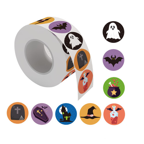 Hibijiu 500PCS Kids Halloween Stickers Roll Round Halloween Pumpkin Bat Spider Character Stickers for Goodie Bags 8 Alternating Designs Round Envelope Seal Label Stickers