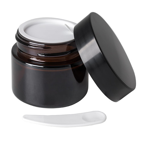 OverNews 2oz Amber Glass Jar, Empty Cosmetic Lotion Containers for Creams, Candle, Food Storage with Inner Liners,Black Lid, Spatula