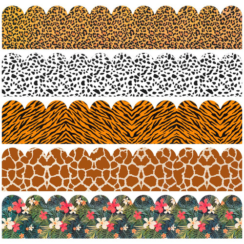 60 Pieces Animal Print Bulletin Board Borders Safari Tropical Leaves Greenery Scalloped Borders Classroom Bulletin Board Borders for School Jungle Decorations Supplies