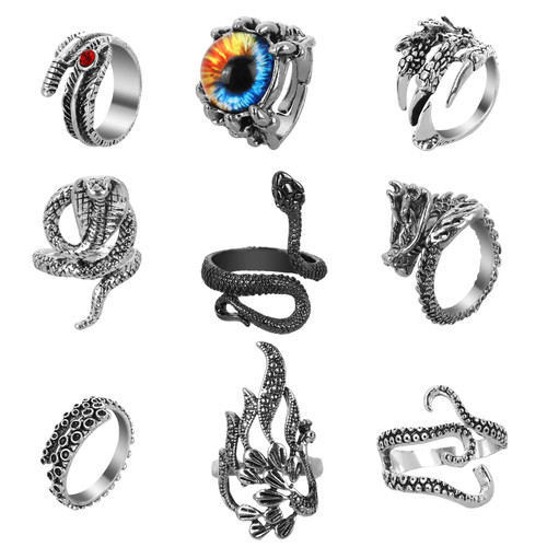 Yolev 9Pcs Vintage Punk Rings Gothic Vintage Ring Open Ring Snake Ring Dragon Open Rings Set Knuckle Stacking Ring Boho Finger Rings Stackable Knuckle Ring